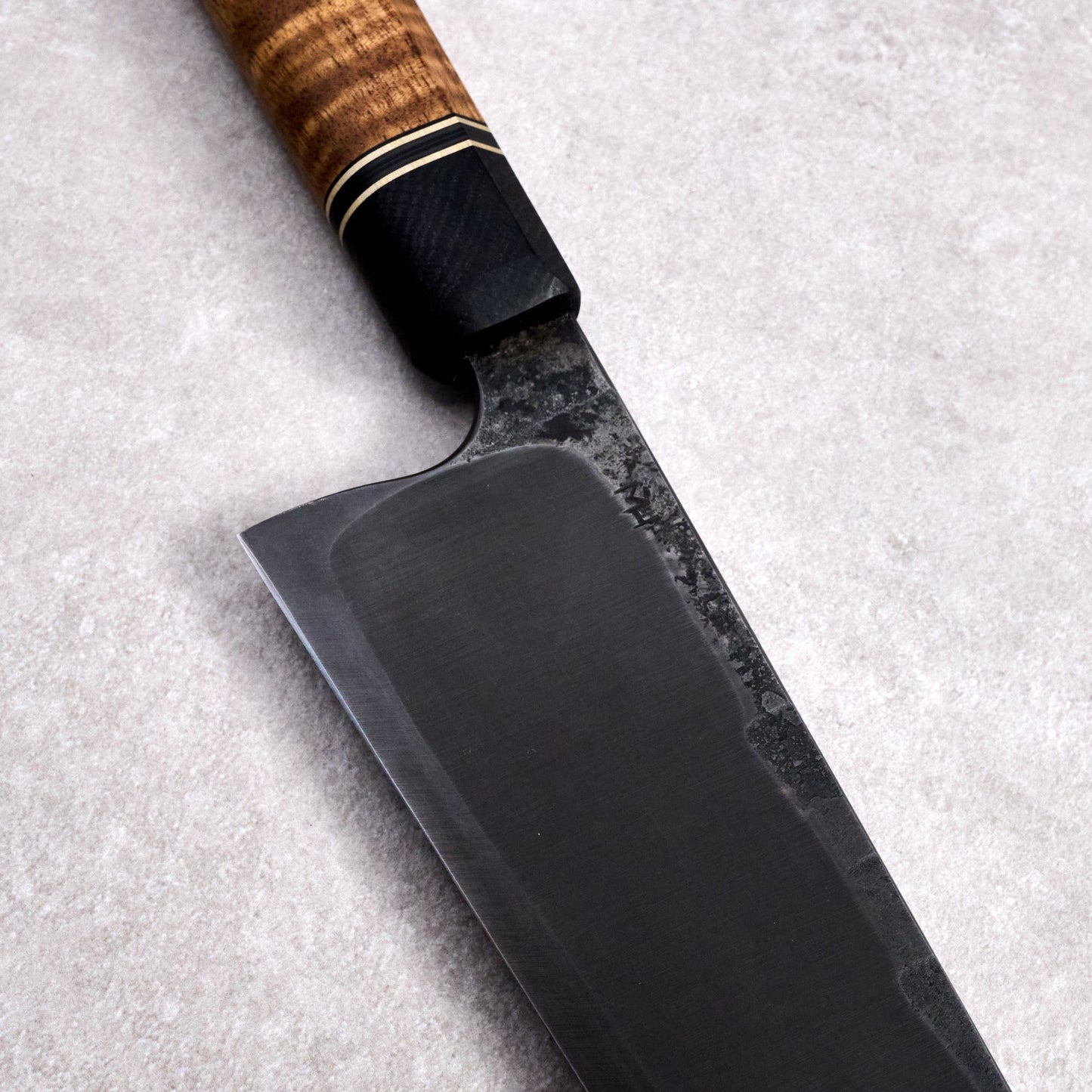 Gyuto 250mm Workhorse C Grind 1.2419.05 Curly Acacia & German Silver Inlay – detail view