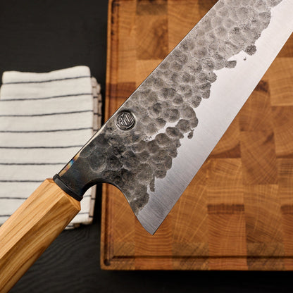 Gyuto 255mm Denty Kurouchi Lilac & Titanium – blade close-up