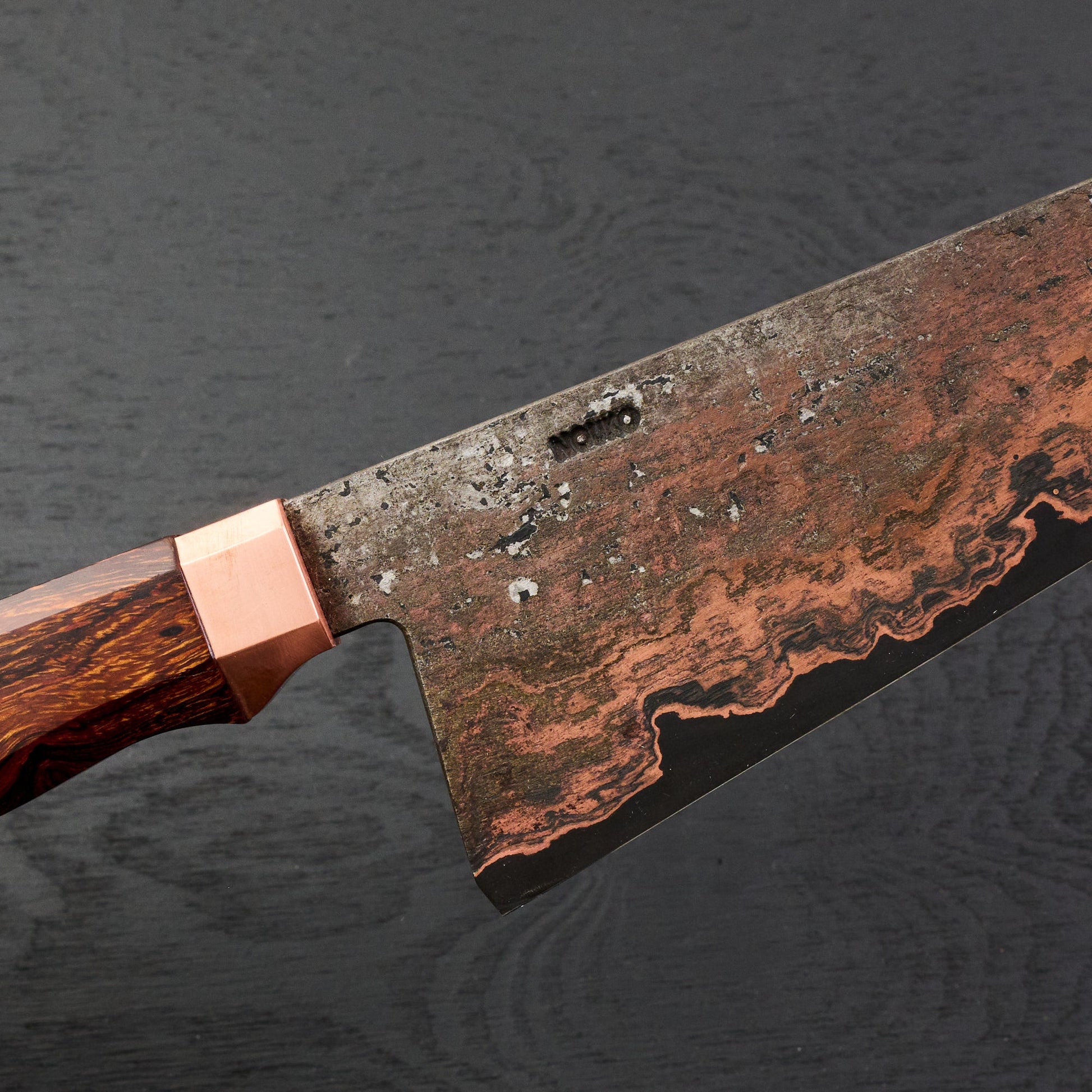 Gyuto 260mm Copper Etched Wrought SanMai SheffCut Core – blade close-up