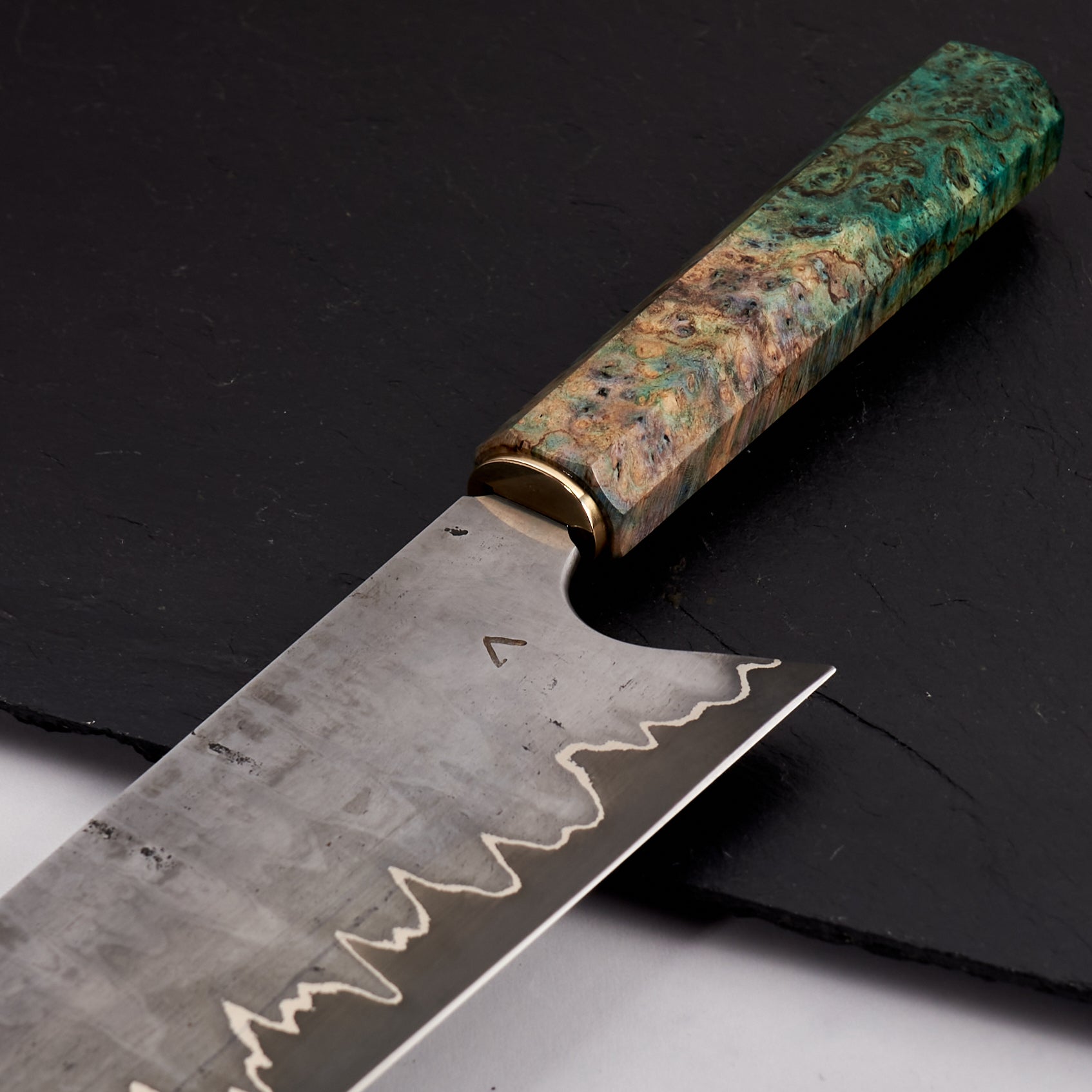 Gyuto 270mm Wrought Iron Clad 1.2419.05 'Organic Shimmer' – blade close-up