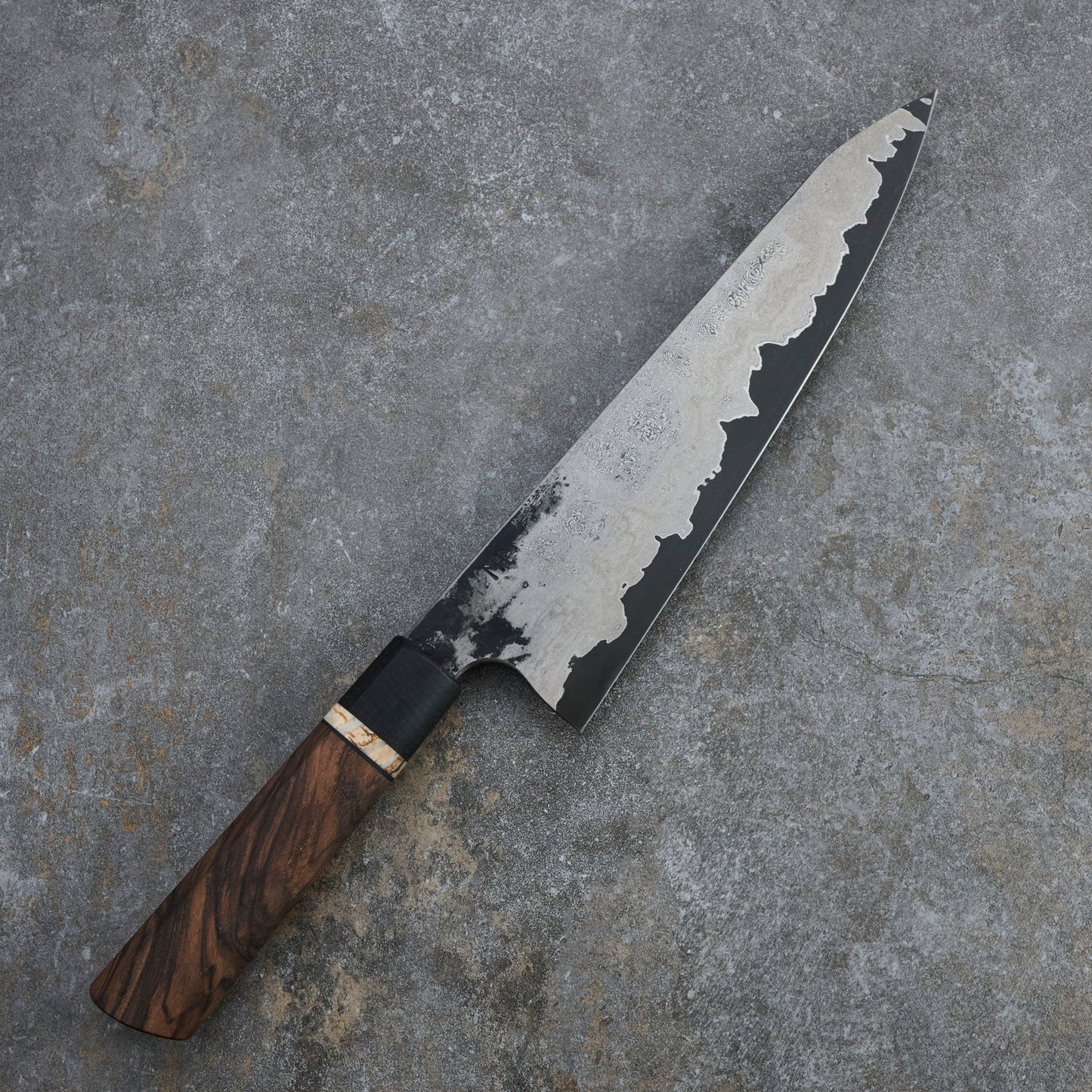 Gyuto 230mm GoMai Nickel Damascus with Walnut, Mammoth Molar & Bog Oak