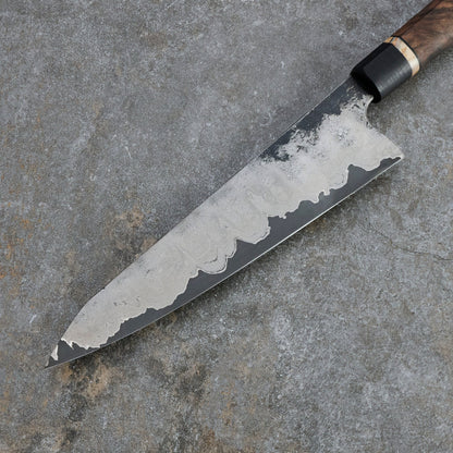 Gyuto 230mm GoMai Nickel Damascus with Walnut, Mammoth Molar & Bog Oak – detail view
