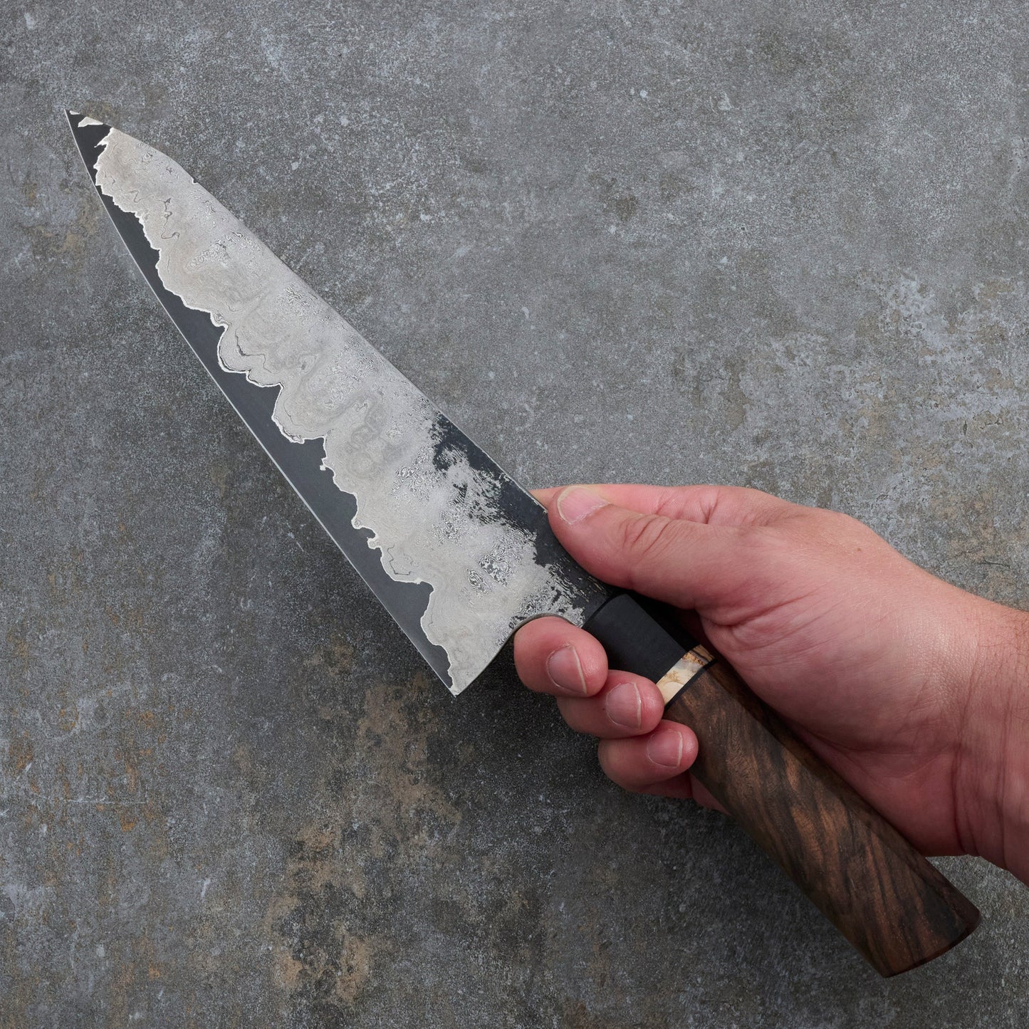 Gyuto 230mm GoMai Nickel Damascus with Walnut, Mammoth Molar & Bog Oak – side profile