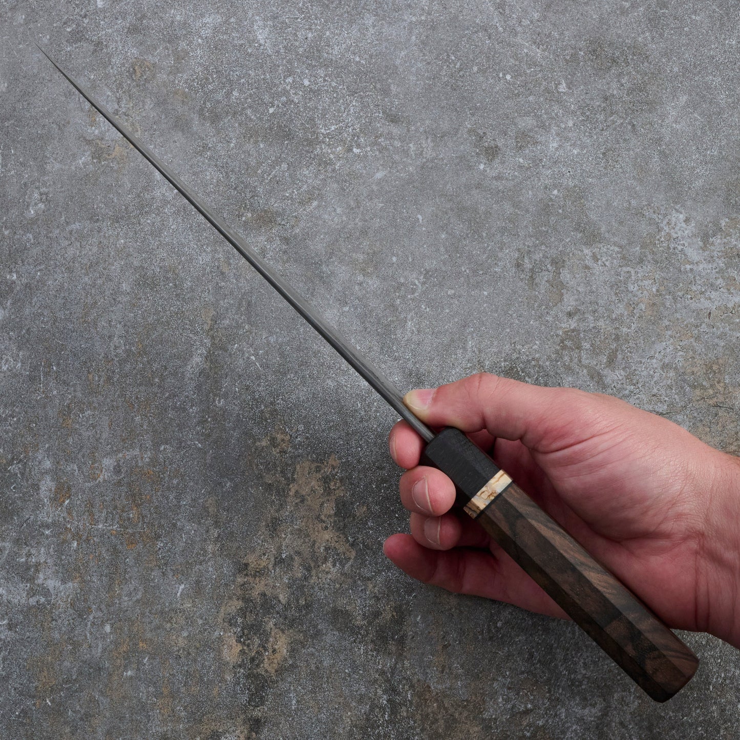 Gyuto 230mm GoMai Nickel Damascus with Walnut, Mammoth Molar & Bog Oak – handle detail