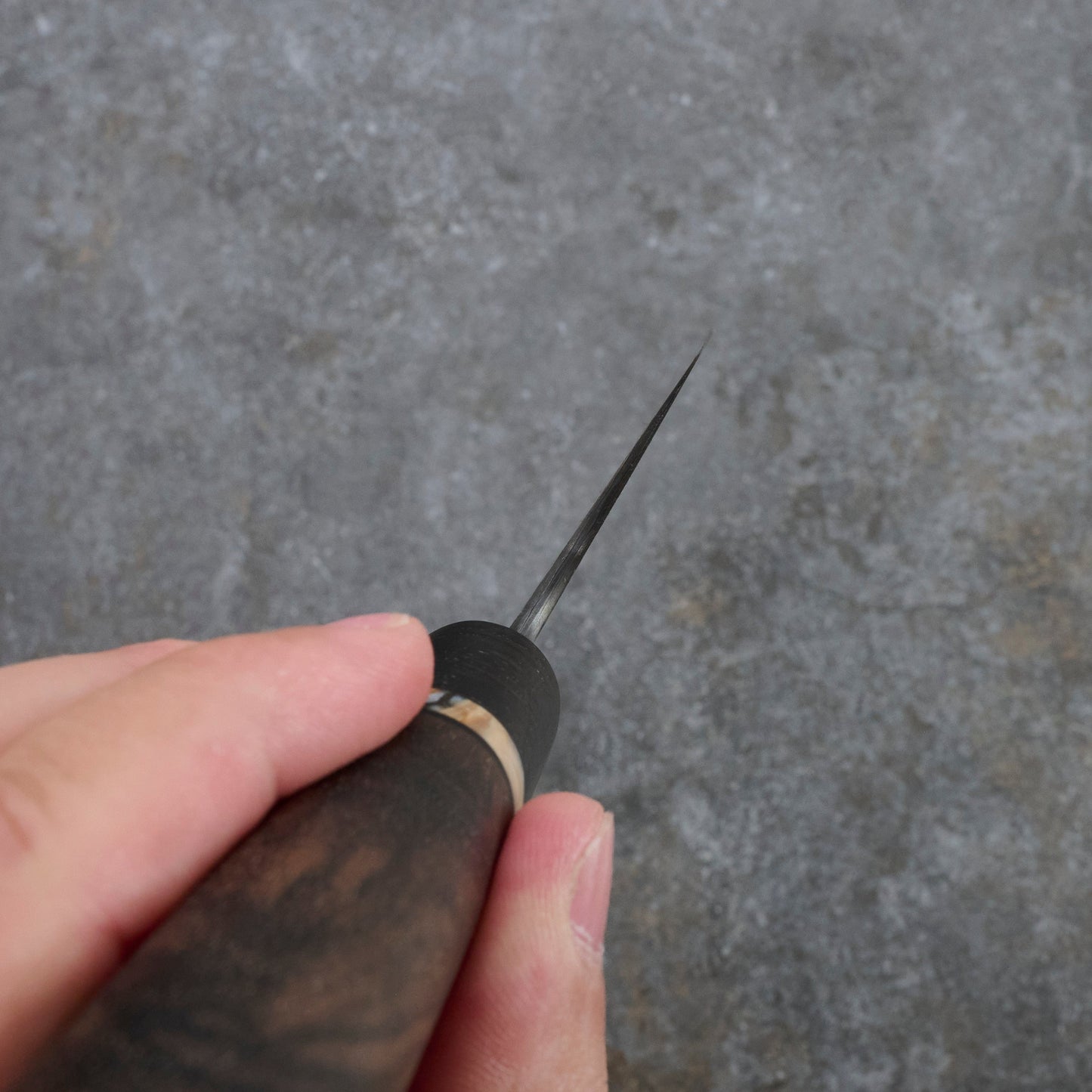 Gyuto 230mm GoMai Nickel Damascus with Walnut, Mammoth Molar & Bog Oak – blade close-up