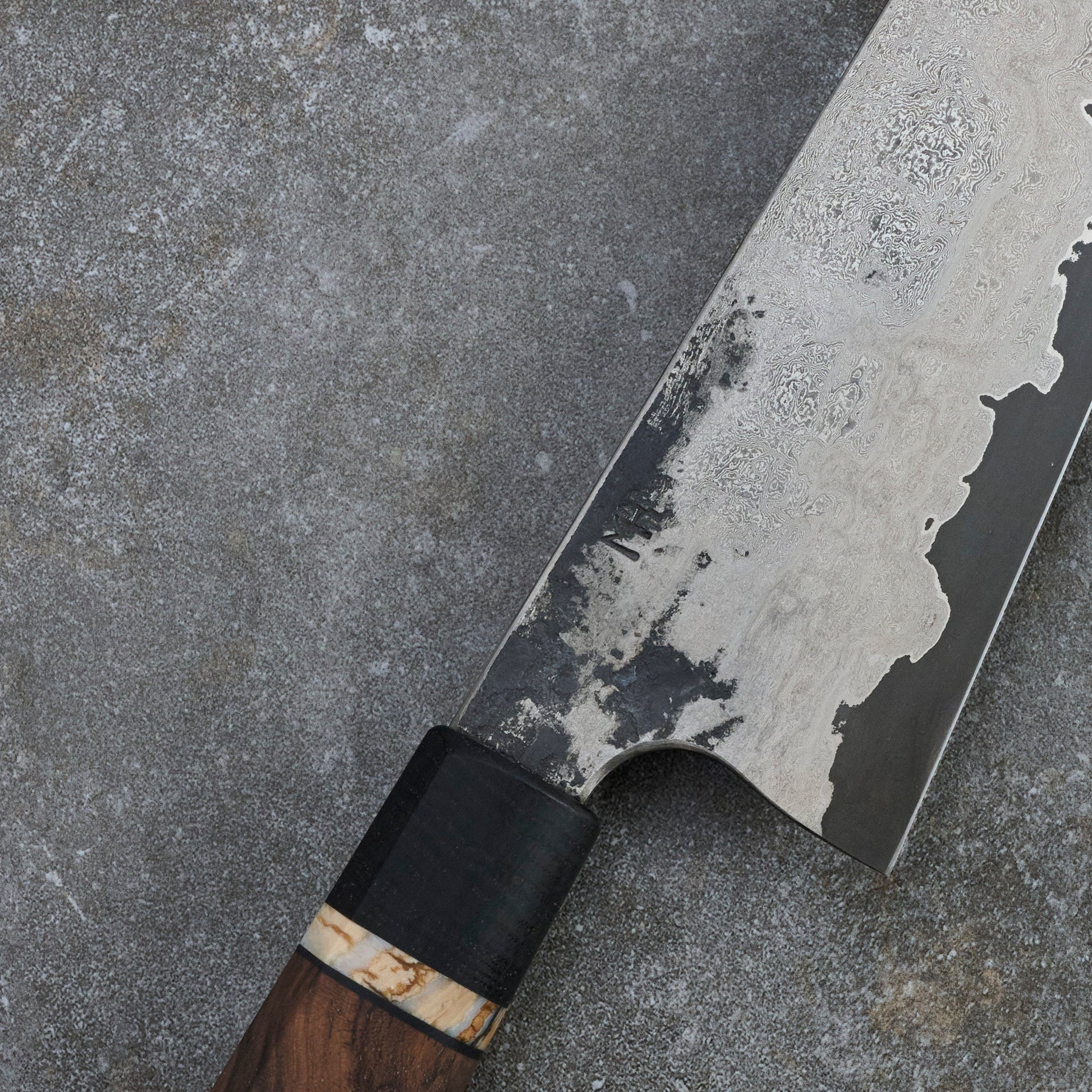 Gyuto 230mm GoMai Nickel Damascus with Walnut, Mammoth Molar & Bog Oak – view 7