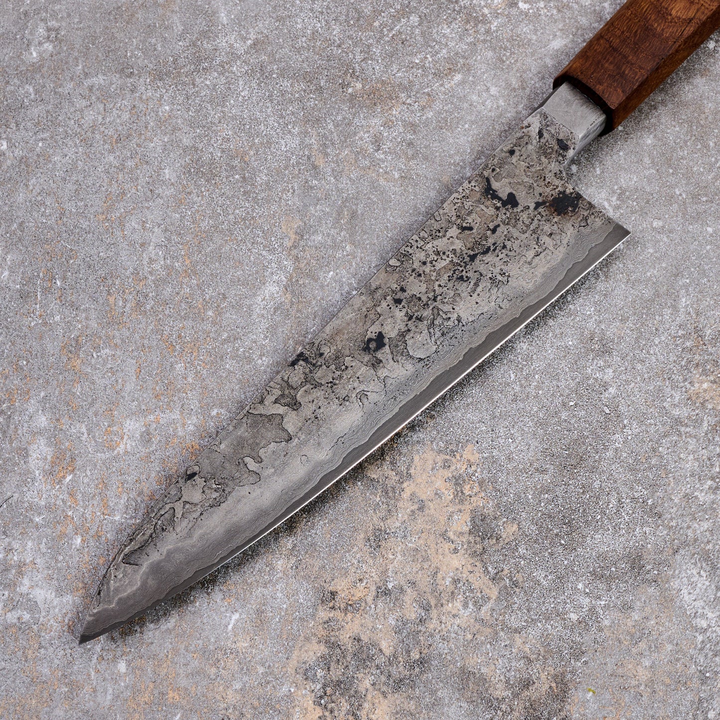 Gyuto 210mm SanMai Apex Ultra Saw Blade & Wagon Wheel Damascus Integral – detail view