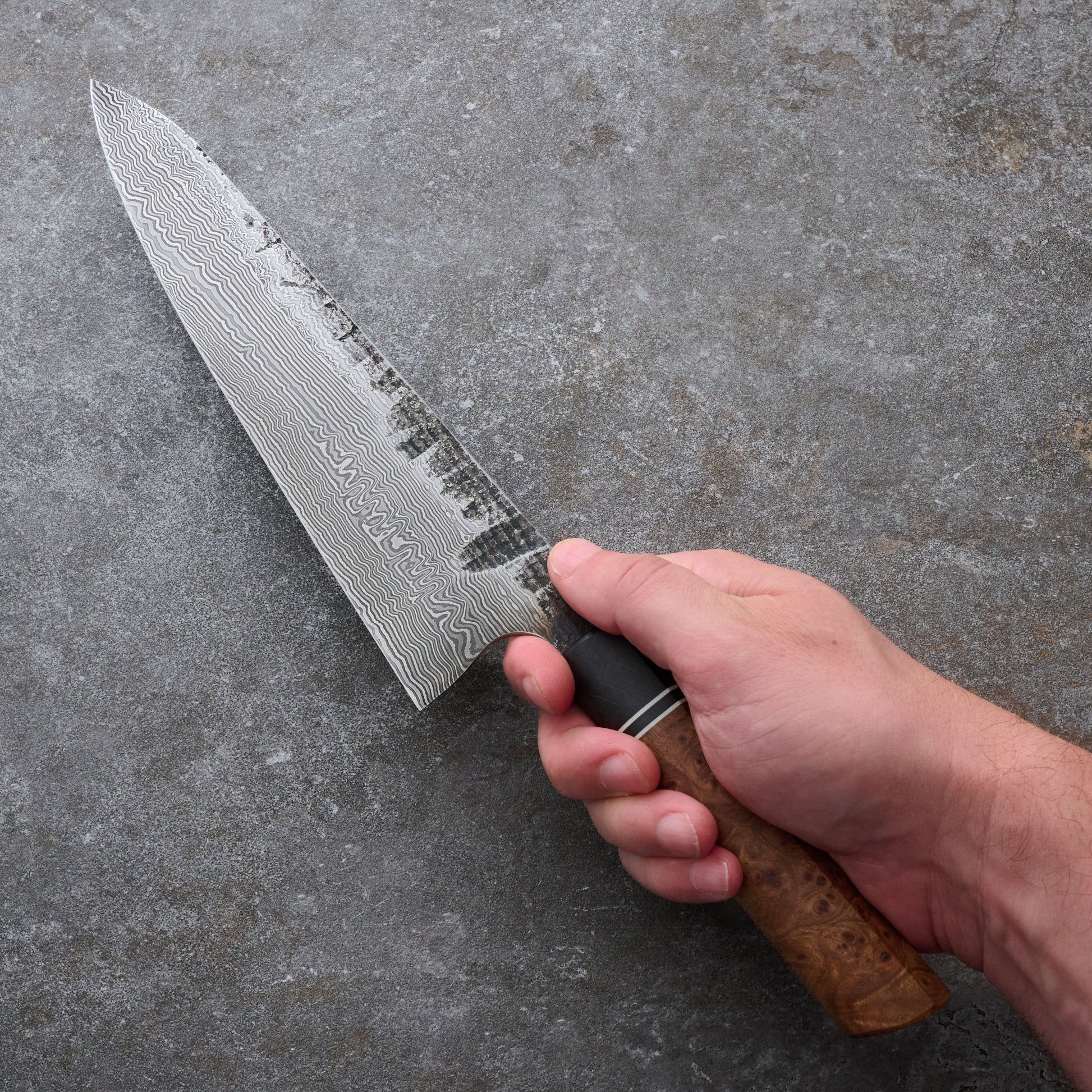 Gyuto 230mm 100 Layer Damascus Elm Burl – detail view