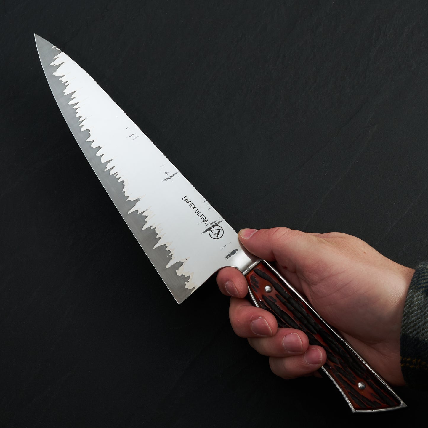 Gyuto 230mm GoMai Stainless Clad Integral I-Beam Handle Carved & Textured Camel Bone