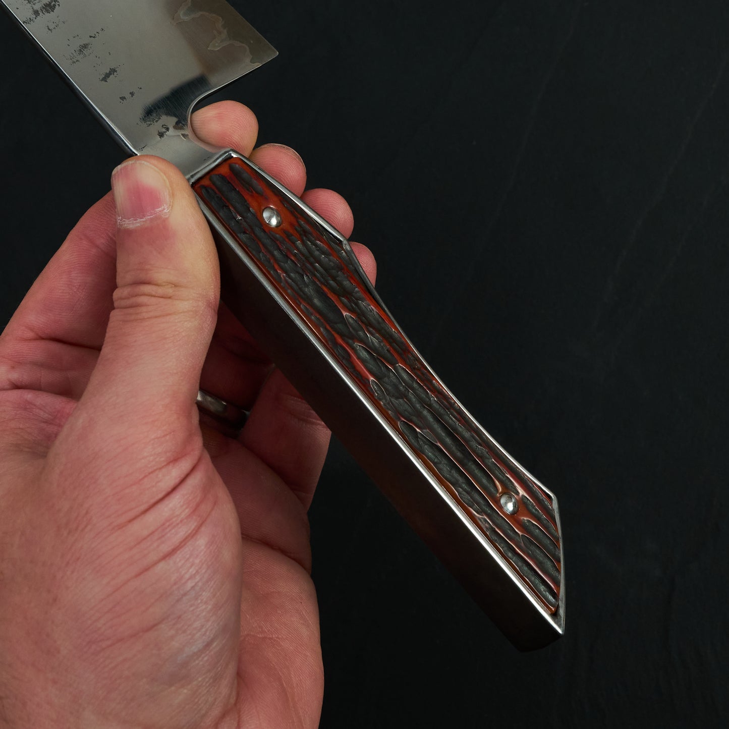 Gyuto 230mm GoMai Stainless Clad Integral I-Beam Handle Carved & Textured Camel Bone