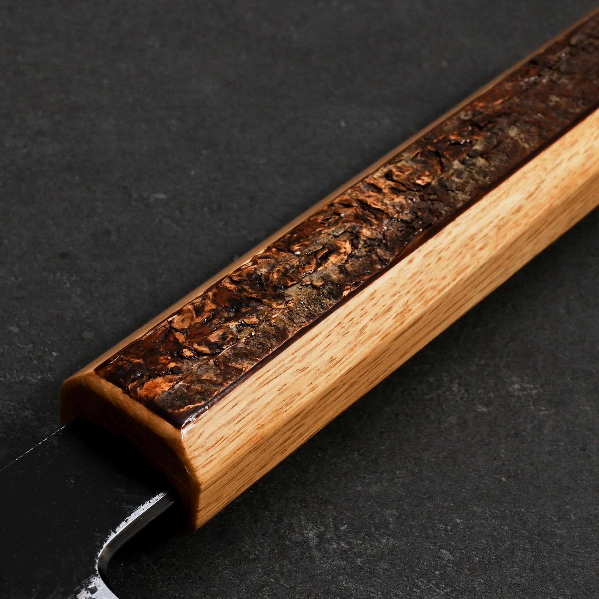 Gyuto 240mm B1D Aogami #1 Damascus Clad Cherry & Oak – blade close-up