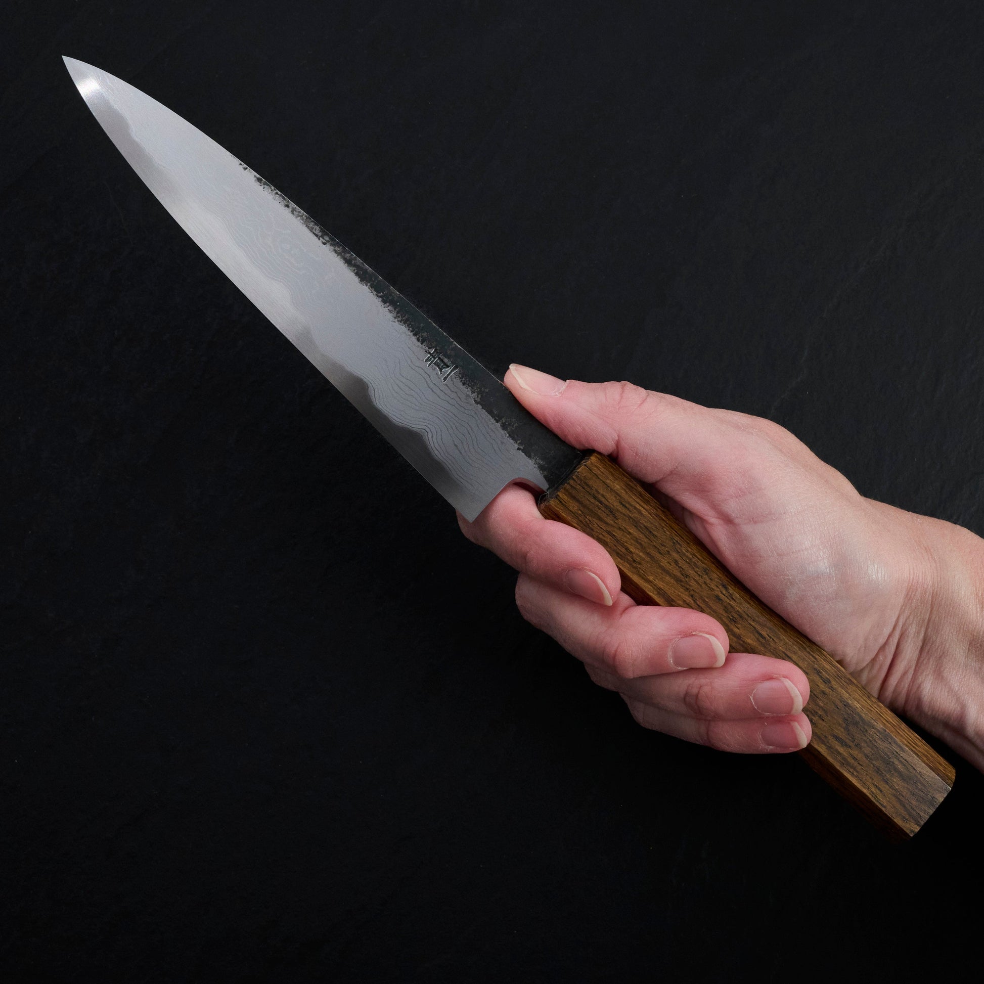 Petty 150mm B1D Aogami #1 Damascus Clad Black Oak – side profile