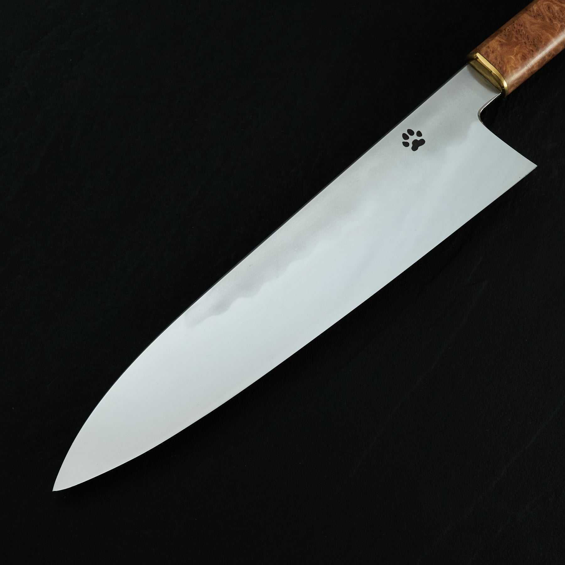 Isa Smedjan X Myojin Gyuto 245mm Spicy White, Eucalyptus Burl & Brass – side profile