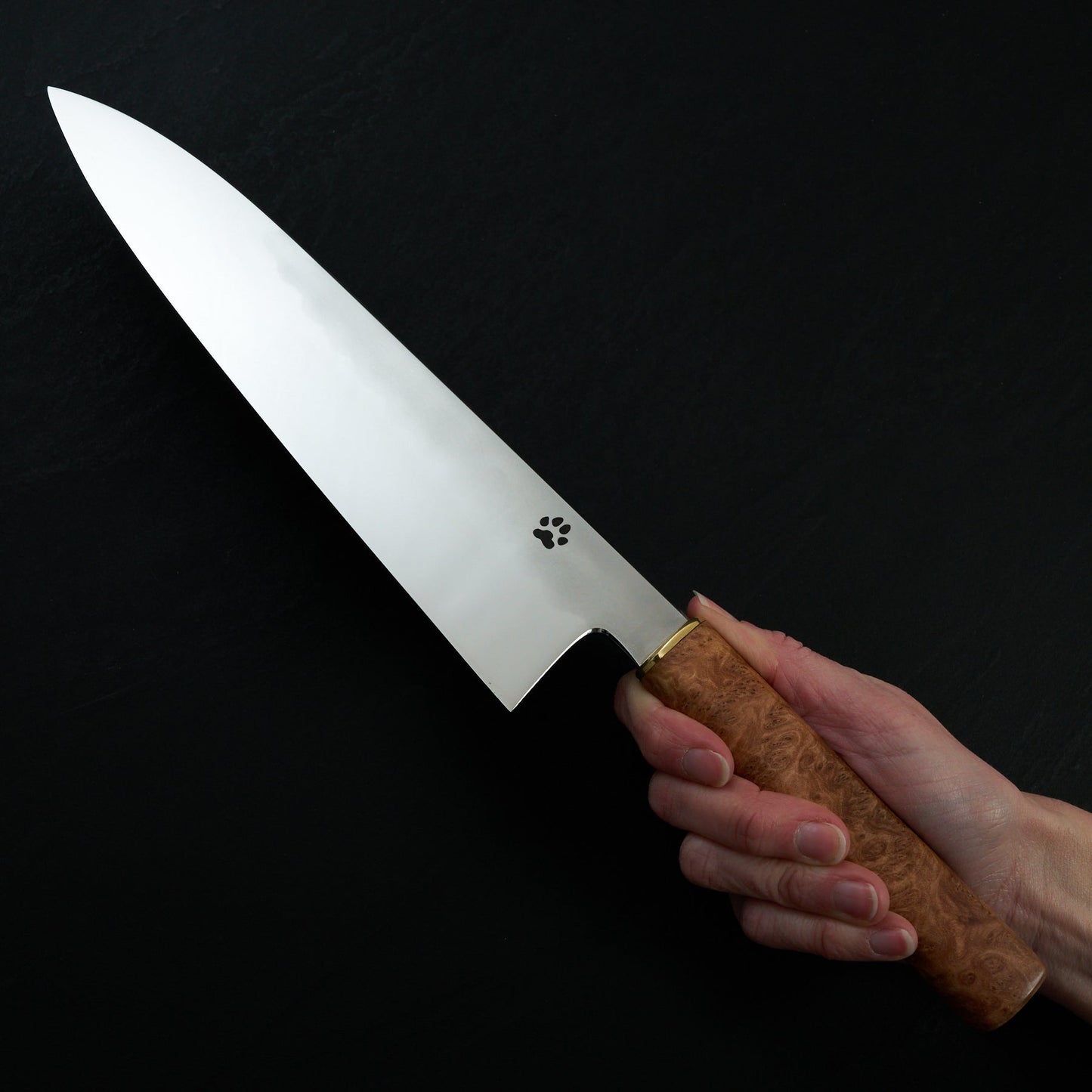 Isa Smedjan X Myojin Gyuto 245mm Spicy White, Eucalyptus Burl & Brass – blade close-up