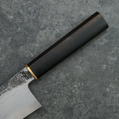 Black X Hado Gyuto 240mm SanMai, 135Cr3, Wrought Iron, Ebony and Brass – blade close-up