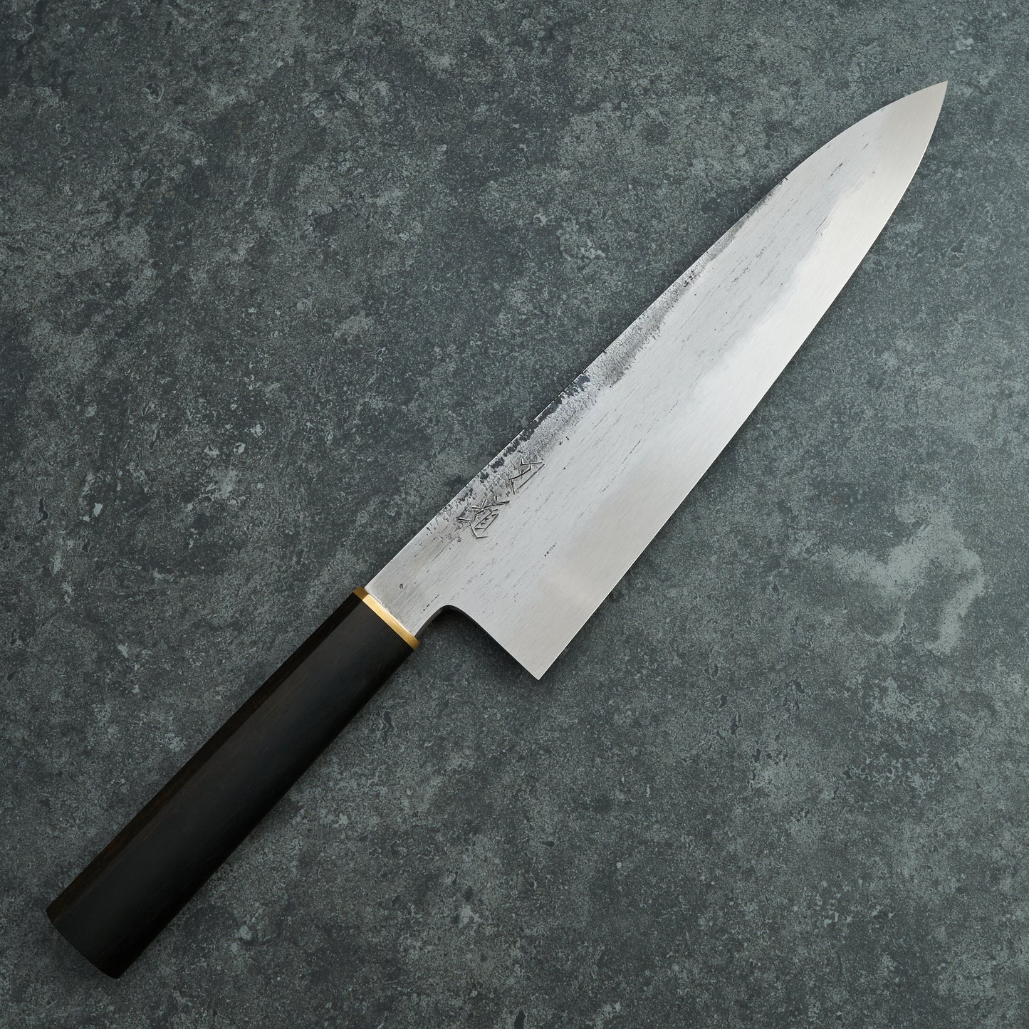 Black X Hado Gyuto 240mm SanMai, 135Cr3, Wrought Iron, Ebony and Brass