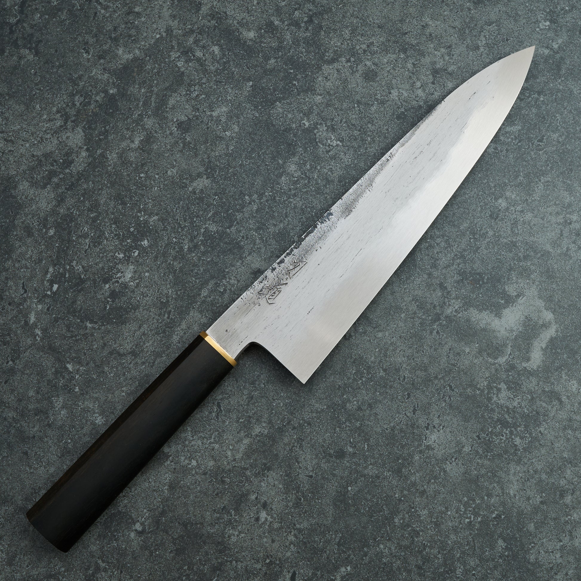 Black X Hado Gyuto 240mm SanMai, 135Cr3, Wrought Iron, Ebony and Brass