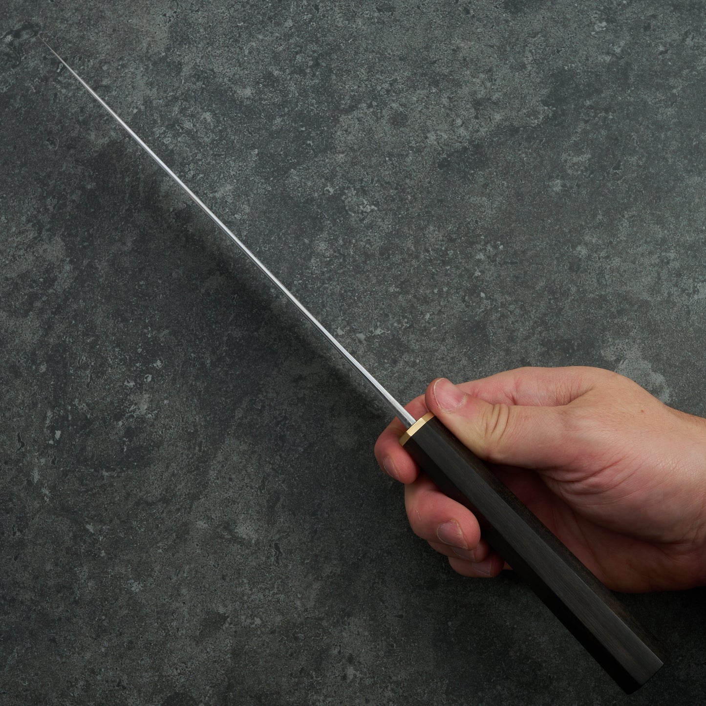 Black X Hado Gyuto 240mm SanMai, 135Cr3, Wrought Iron, Ebony and Brass – handle detail