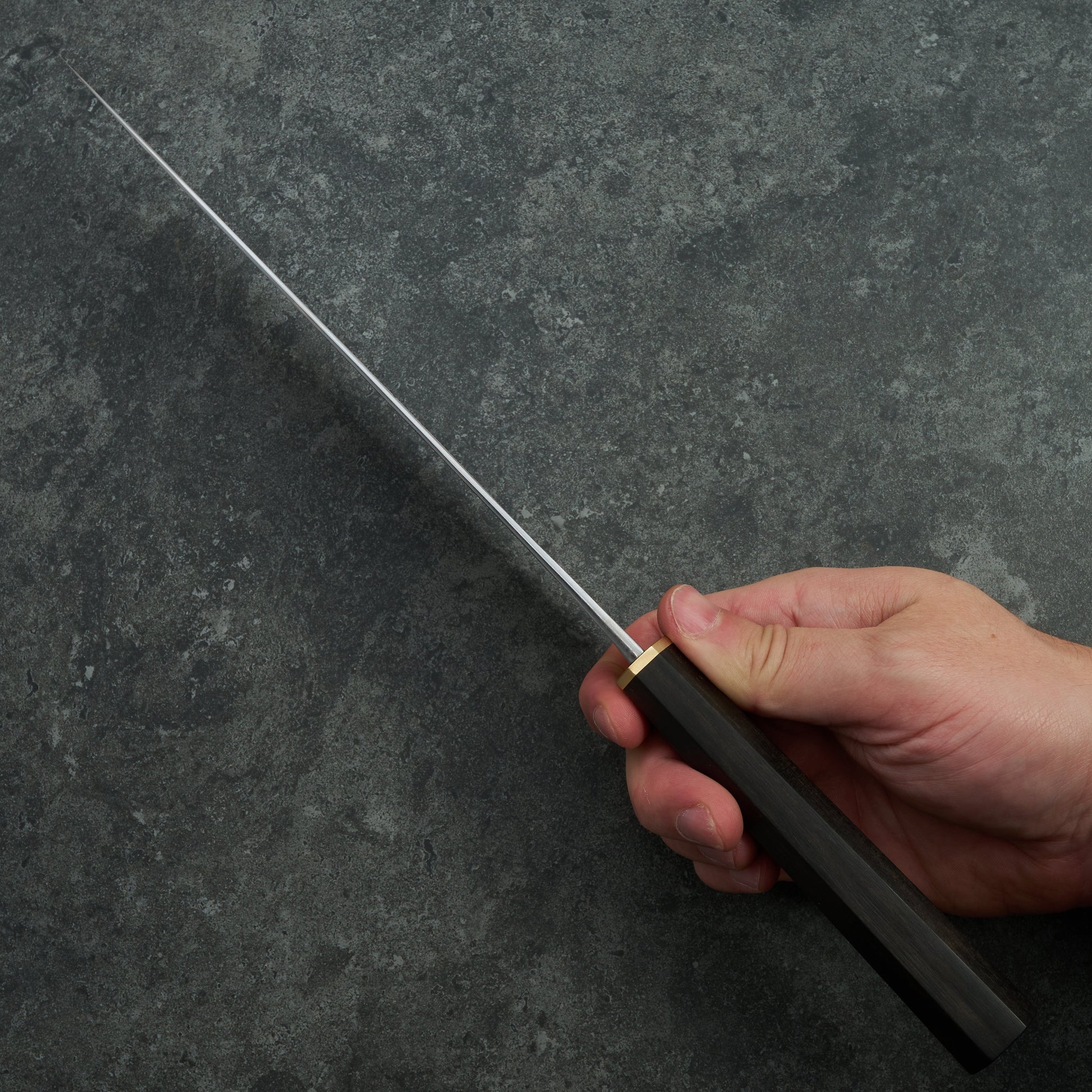 Black X Hado Gyuto 240mm SanMai, 135Cr3, Wrought Iron, Ebony and Brass – handle detail