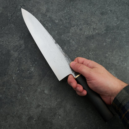 Black X Hado Gyuto 240mm SanMai, 135Cr3, Wrought Iron, Ebony and Brass – side profile