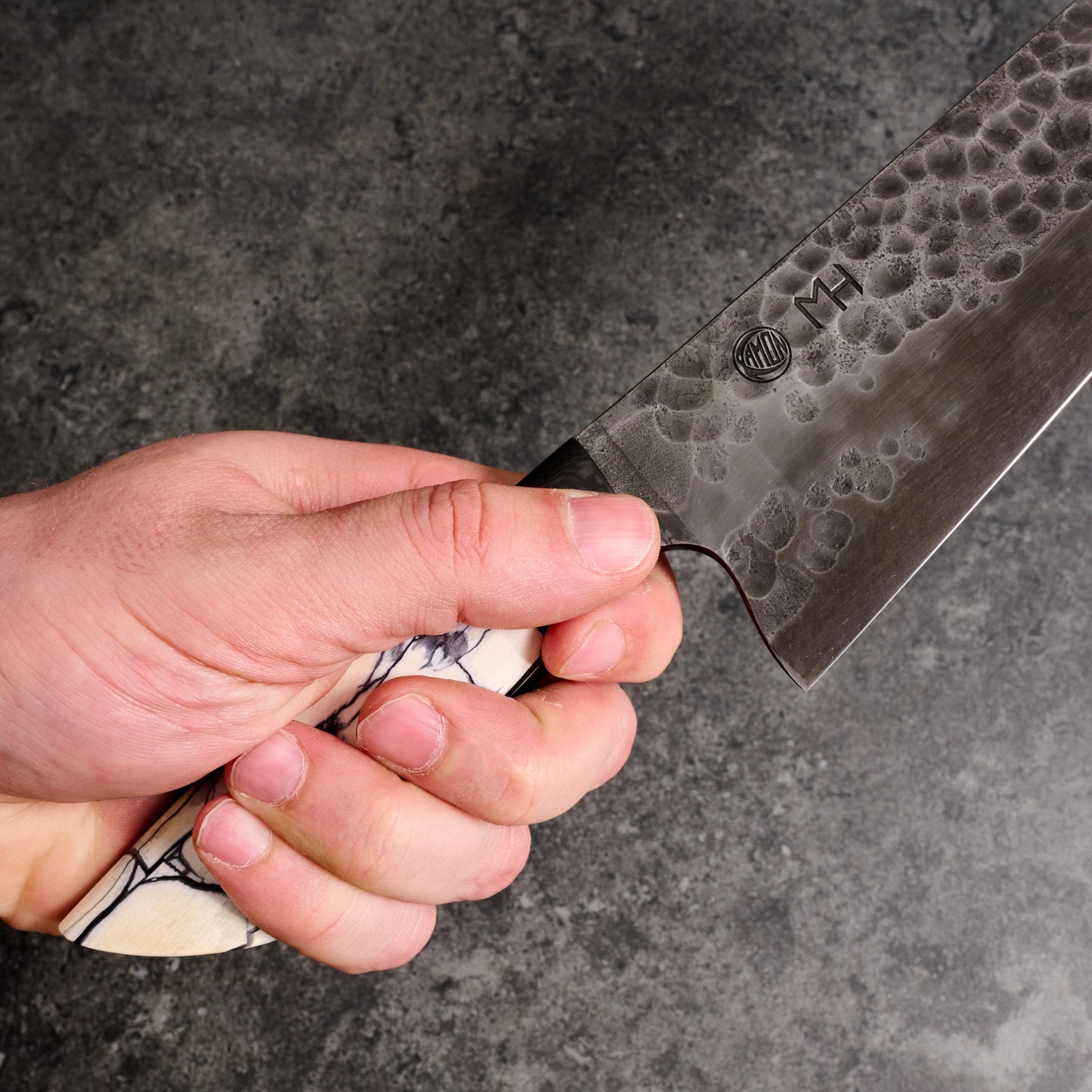 Kamon X Huber Gyuto 260mm Denty Blackout Full Tang – blade close-up