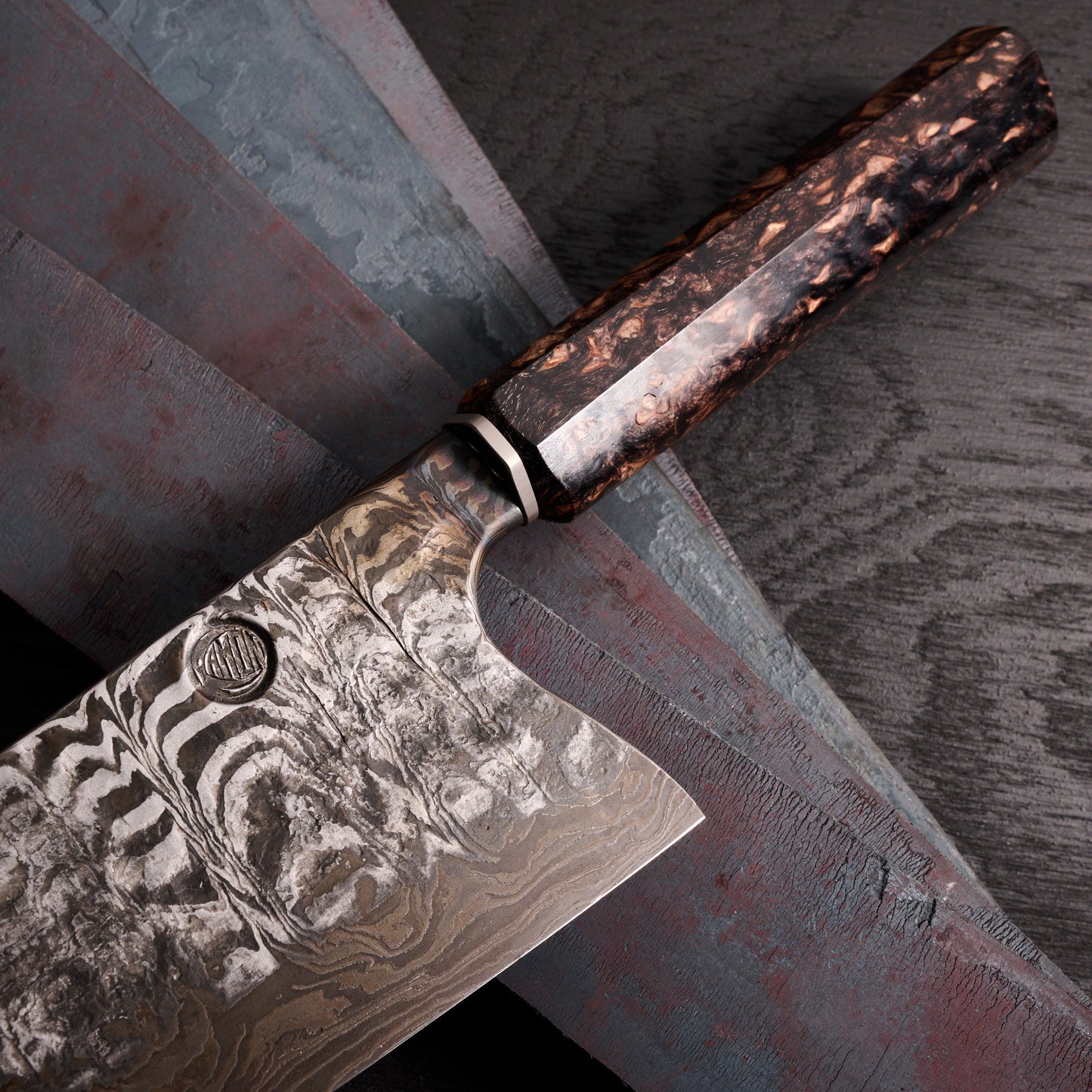 Kamon X Wild Deep Etched High Contrast Denty Gyuto 275mm – detail view