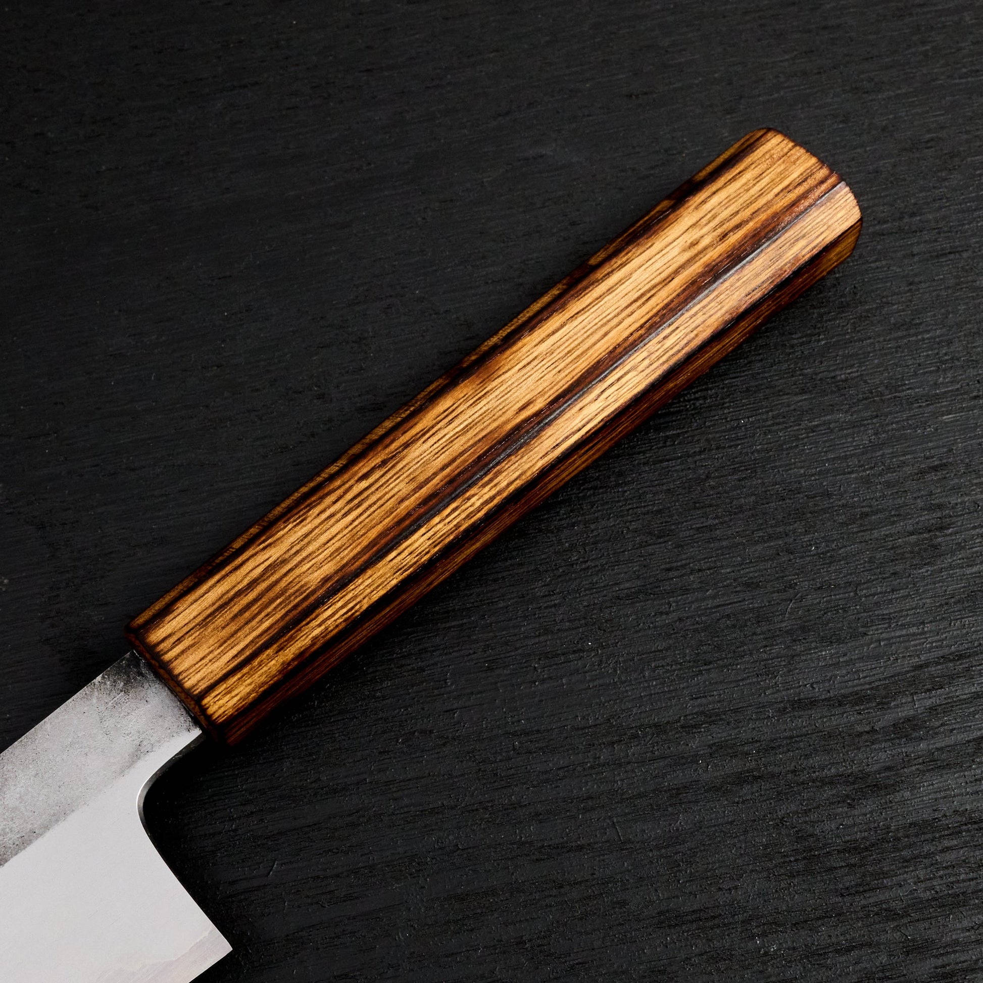 Gyuto 210mm Kirisame Series Shirogami #1 Stainless Clad Scorched Oak – blade close-up