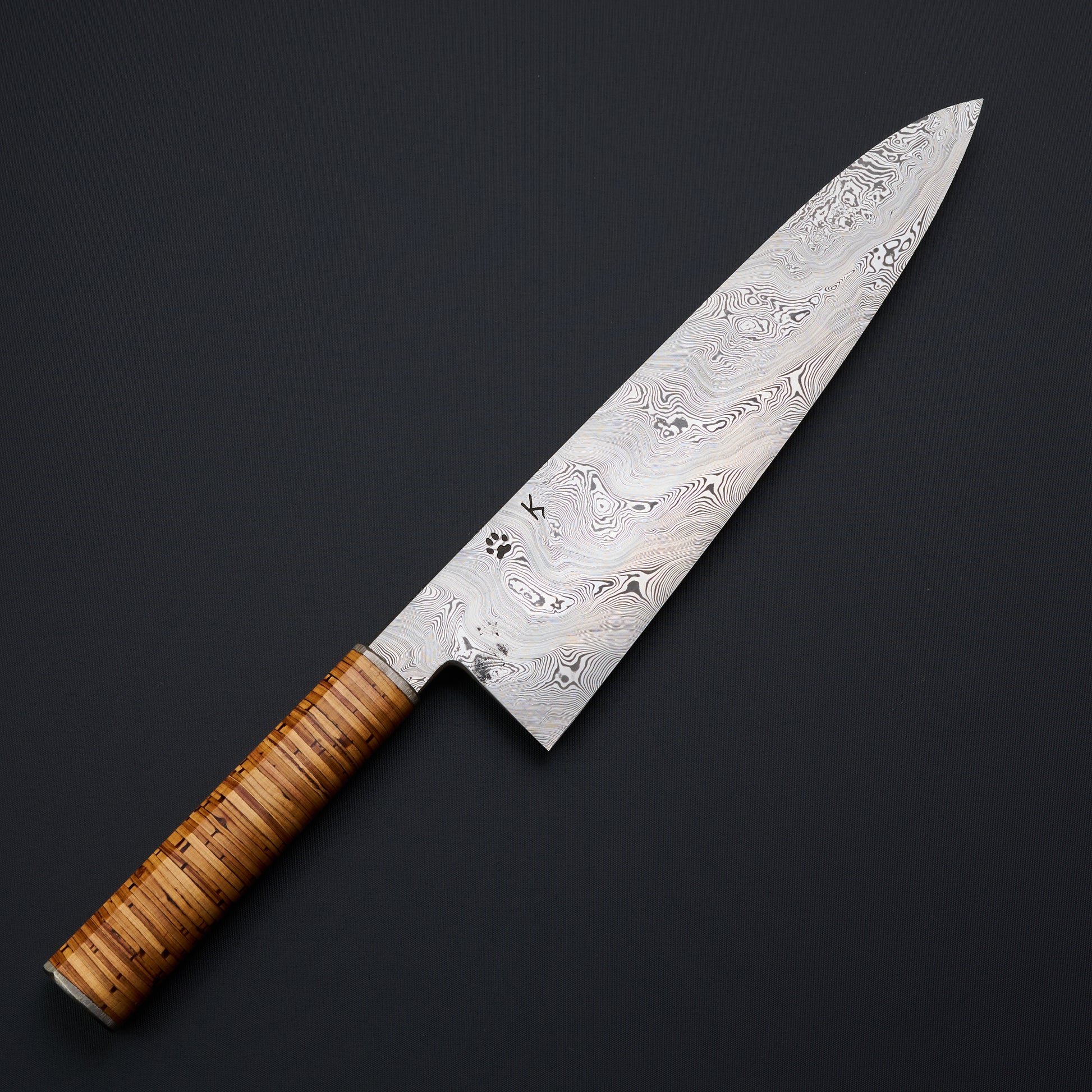Reverse side of the Johnsson × Krichbaum Björkmans Twist gyuto with maker’s mark