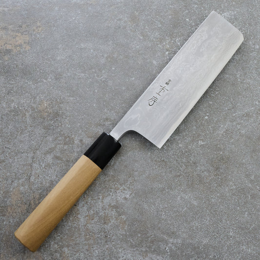 Nakiri 160mm Kitaeji Damascus Clad Carbon Steel