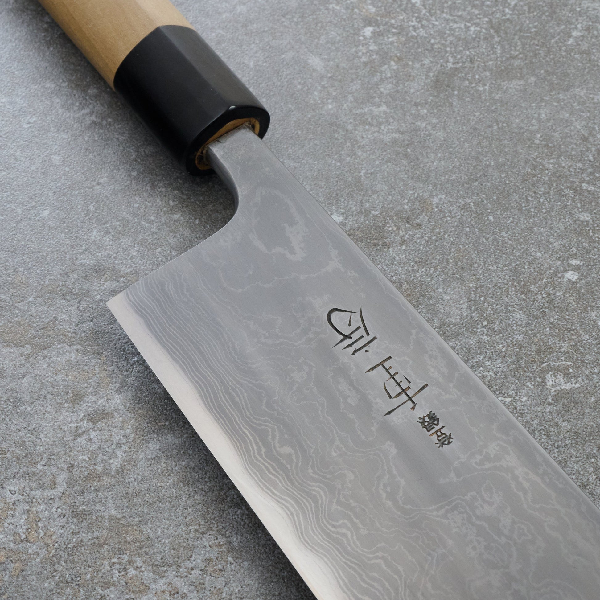 Nakiri 160mm Kitaeji Damascus Clad Carbon Steel – handle detail