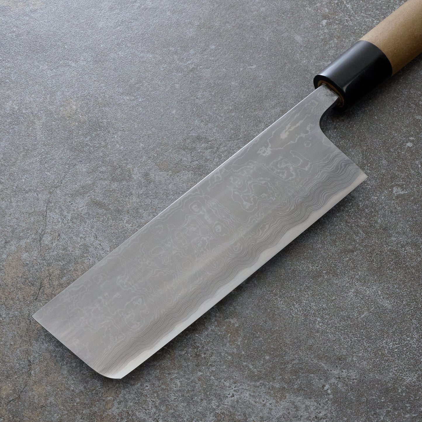 Nakiri 160mm Kitaeji Damascus Clad Carbon Steel – blade close-up