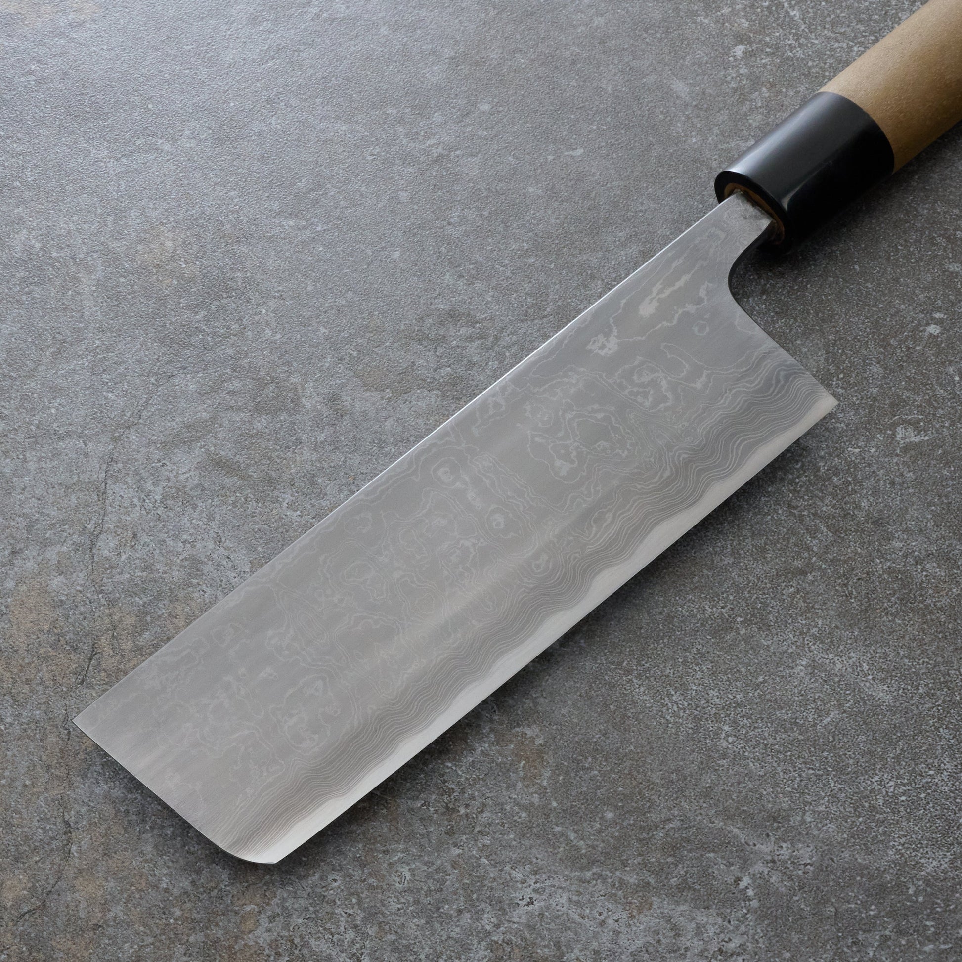 Nakiri 160mm Kitaeji Damascus Clad Carbon Steel – blade close-up