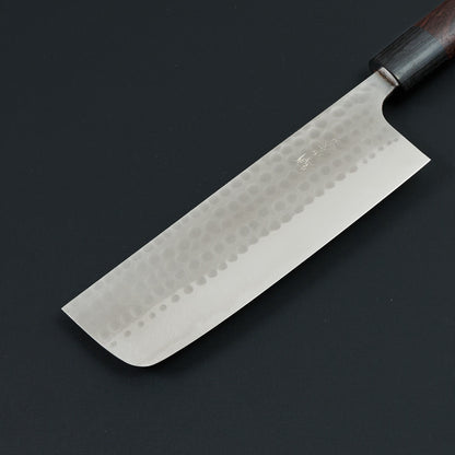Nakiri 165mm Blue #2 Stainless Clad Tsuchime Rosewood – detail view