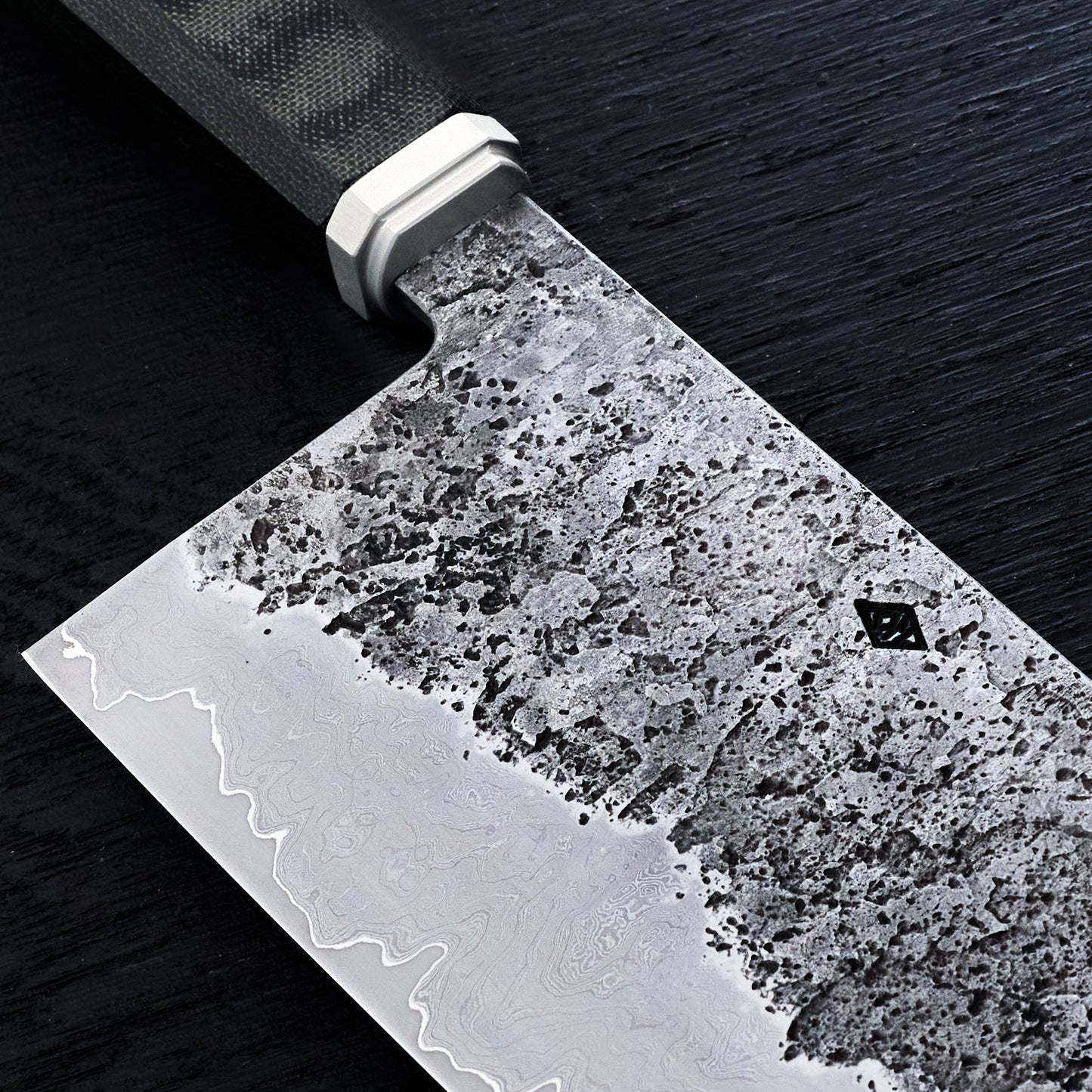 Nakiri 170mm Damascus Clad AU Takedown – detail view