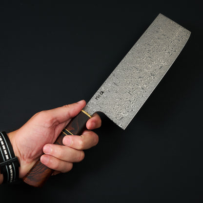 Nakiri 180mm Damasteel Desert Ironwood & Brass – detail view