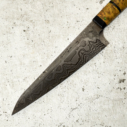 Petty 175mm 24 Layer Damascus Poplar Burl, Carbon & G10 – detail view