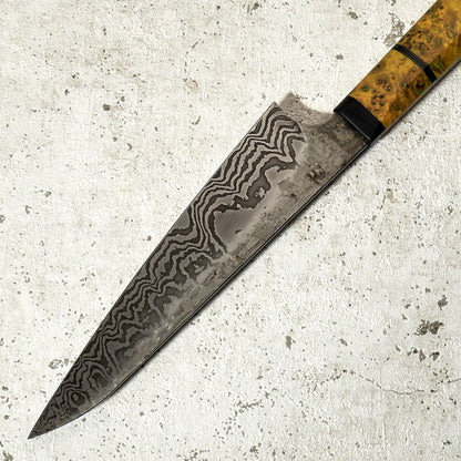 Petty 175mm 24 Layer Damascus Poplar Burl, Carbon & G10 – side profile