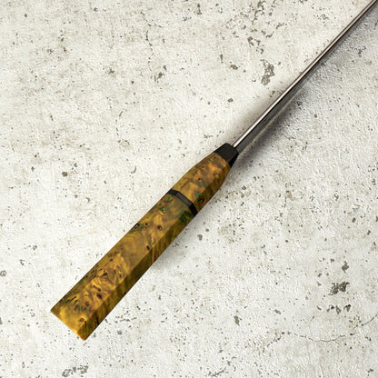 Petty 175mm 24 Layer Damascus Poplar Burl, Carbon & G10 – blade close-up