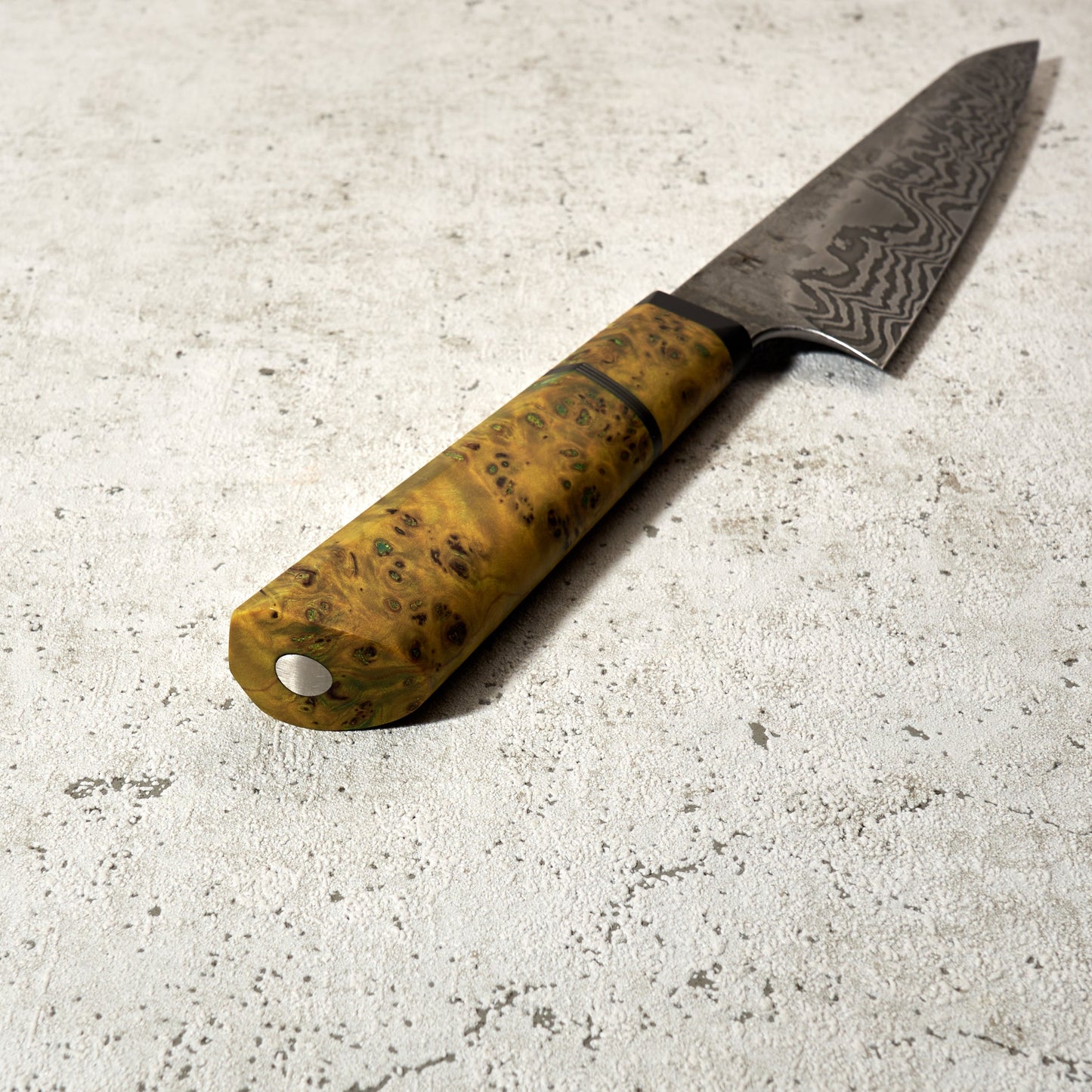 Petty 175mm 24 Layer Damascus Poplar Burl, Carbon & G10 – handle detail