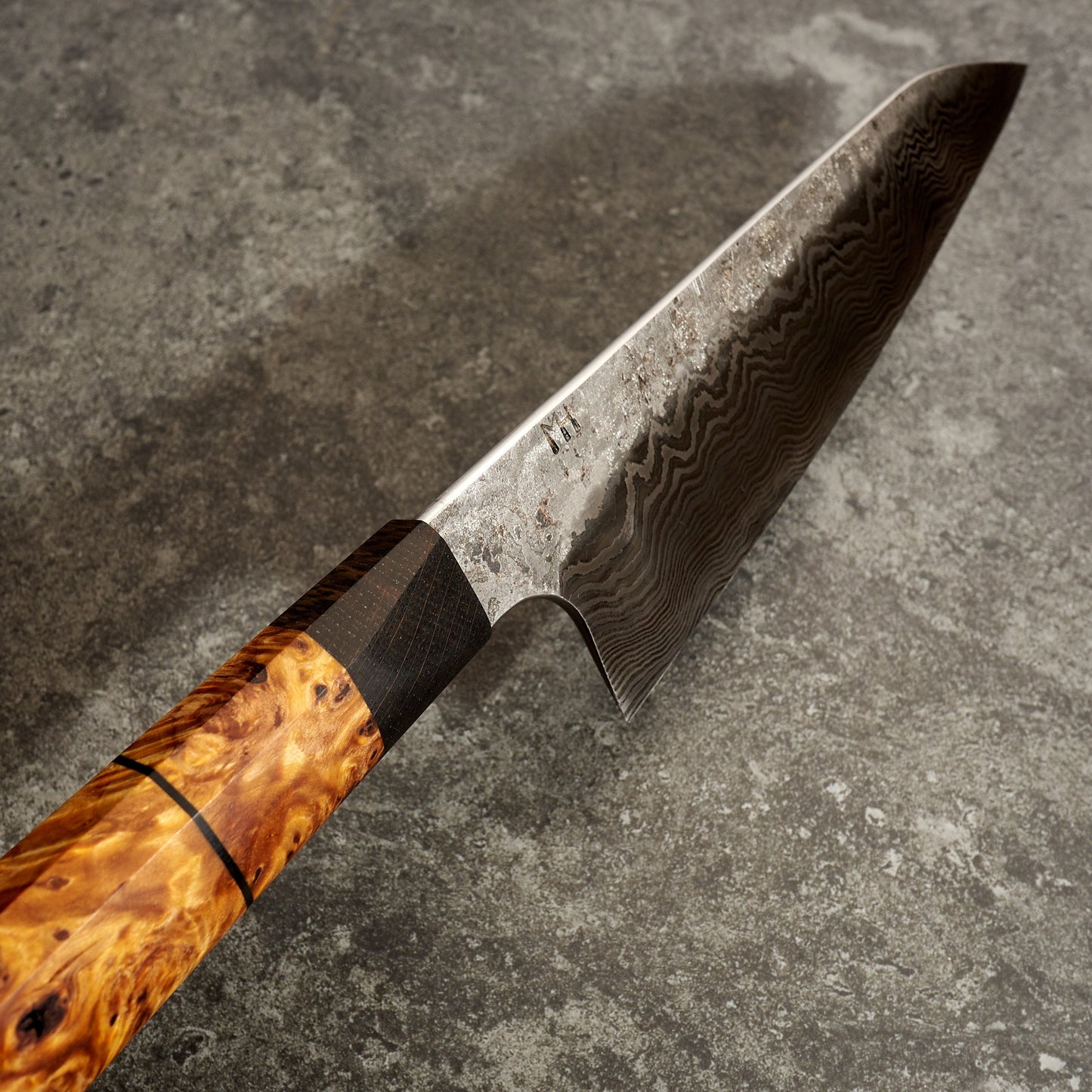 Santoku 180mm Damascus 'Fire & Sonic Waves' – detail view