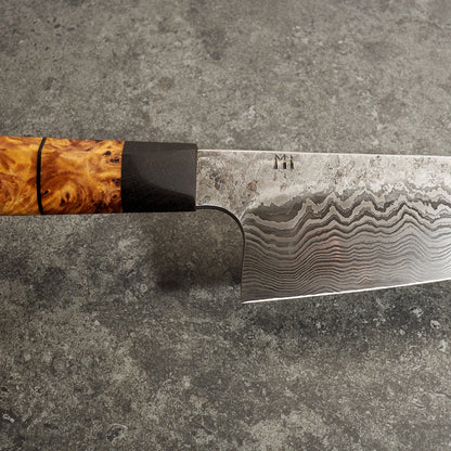 Santoku 180mm Damascus 'Fire & Sonic Waves' – blade close-up