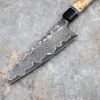 Santoku 185mm 50 Layer Damascus GoMai 1.2419 Black Ash Burl & Bog Oak – detail view