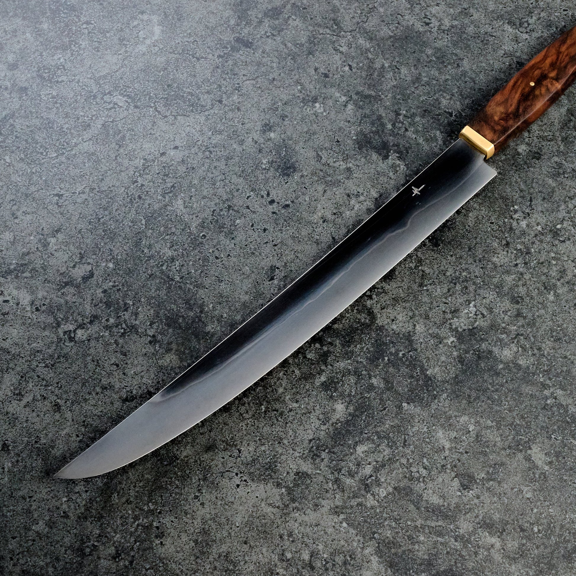 Slicer 260mm Honyaki C130 Walnut Burl & Brass – blade close-up