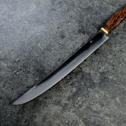 Slicer 260mm Honyaki C130 Walnut Burl & Brass – blade close-up