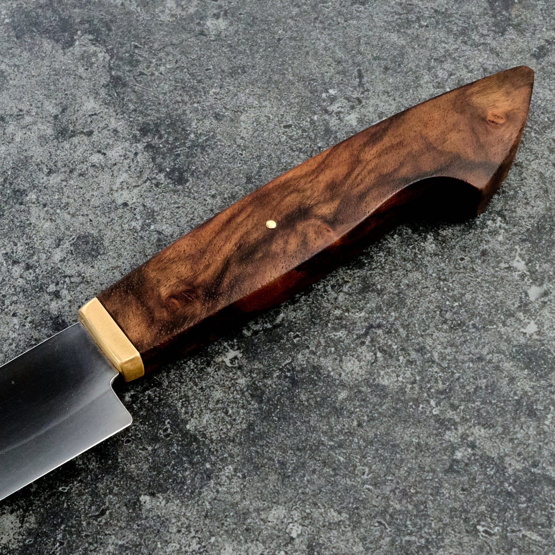 Slicer 260mm Honyaki C130 Walnut Burl & Brass – side profile