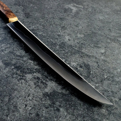 Slicer 260mm Honyaki C130 Walnut Burl & Brass – handle detail