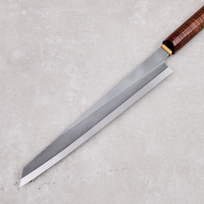 Slicer 265mm Ornamental Fluted S-Grind Blackwood and Brass – blade close-up