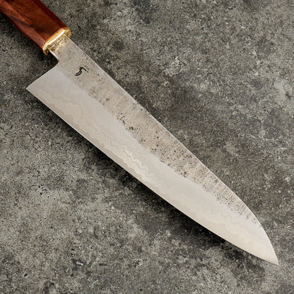 Spåre X OB Gyuto 220mm Modern Wrought Aogami Super Core – blade close-up