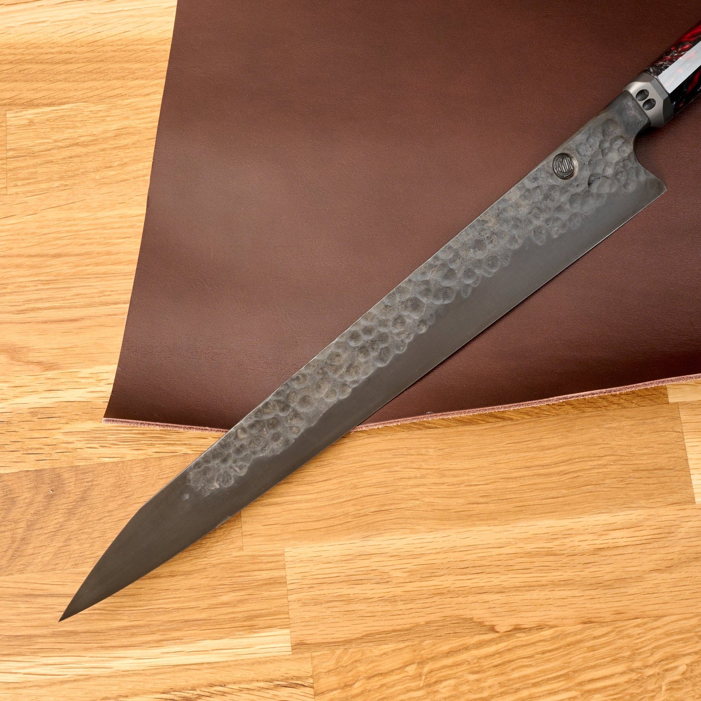 Sujihiki 315mm 'Denty' Blackout Huberite & Titanium – detail view