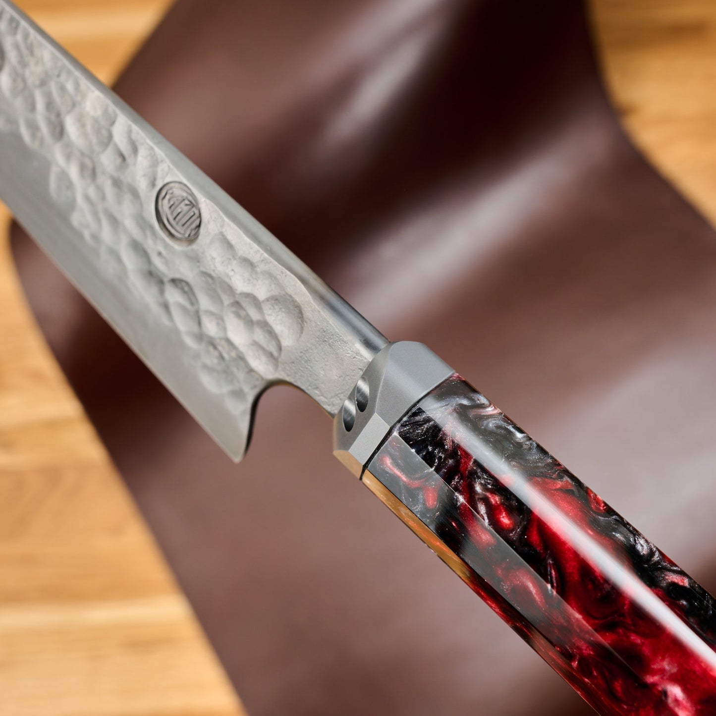 Sujihiki 315mm 'Denty' Blackout Huberite & Titanium – handle detail